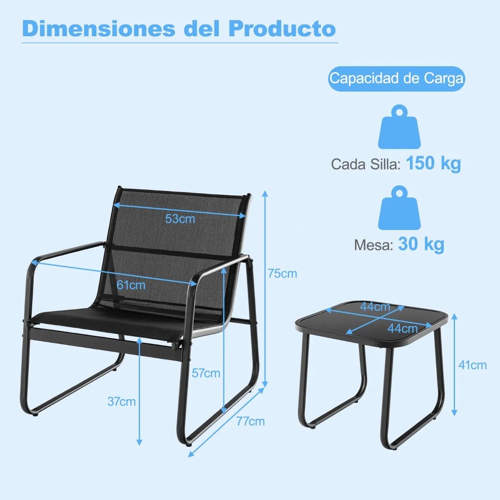 Conjunto Jardim 3 peças com mesa e 2 cadeiras de metal para exterior com tecido respirável e tampo de mesa em vidro preto