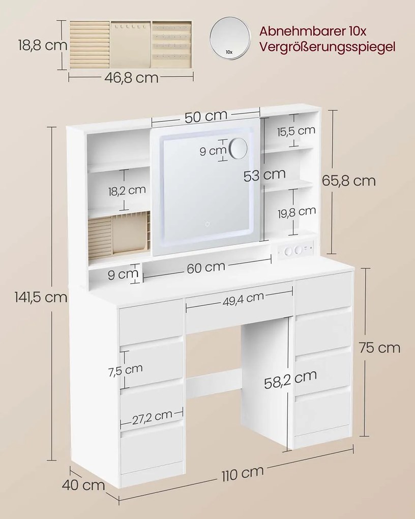 Toucador 40 x 110 x 141,5 cm com espelho LED (BANCO NÃO INCLUIDO), tomada e nove gavetas Branco