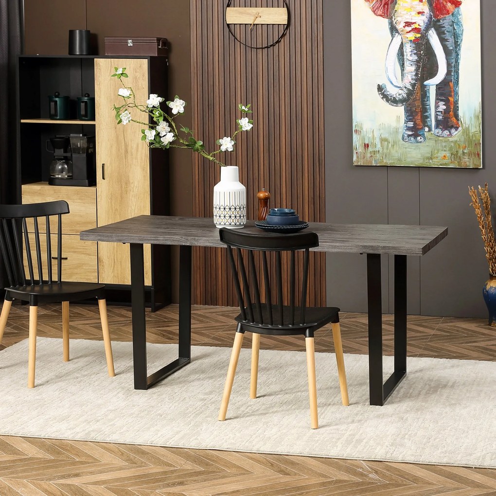 Mesa de Jantar Mesa de Cozinha Estilo Industrial com Bancada de Madeira e Pés de Aço para até 6 Pessoas Carga Máx. 50kg 160x85x75cm Cinza Escuro e Pre