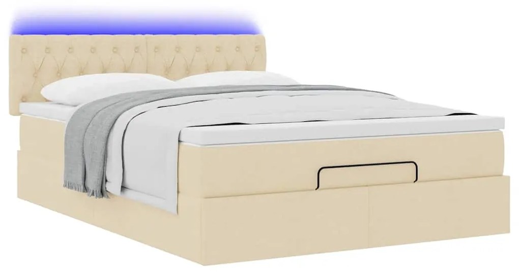 Cama Otomana com Colchão &amp; LEDs Creme 140x200 cm Tecido
