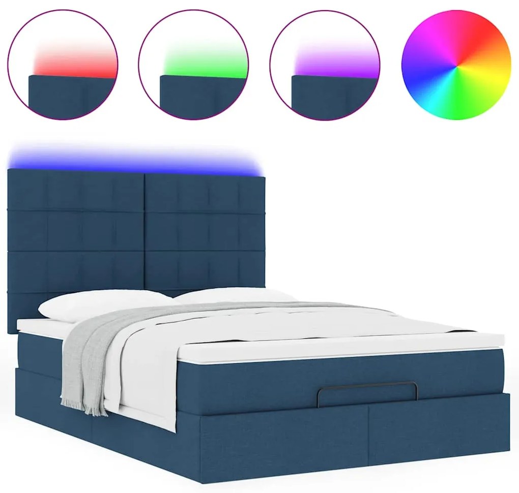 Estrutura de cama otomana com colchão tecido azul 140x200cm