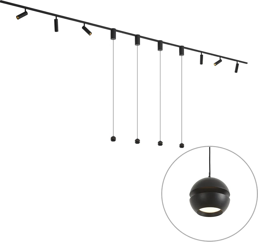 Sistema de calhas de iluminação moderno preto com 6 focos e 4 candeeiros suspensos Easylift monofásico - Slimline Uzzy Tira