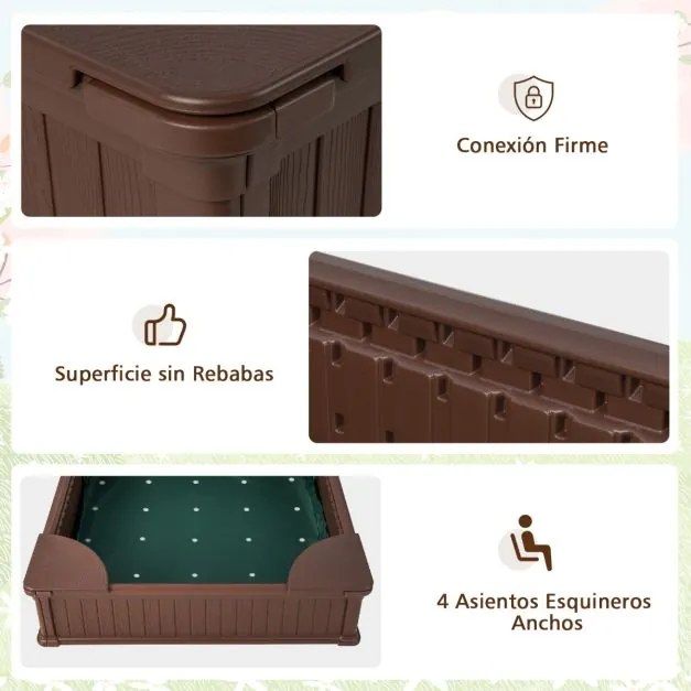 Caixa de areia infantil ao ar livre em HDPE 123,5 x 123,5 x 31,5 cm com tampa Oxford 4 assentos de canto Castanho