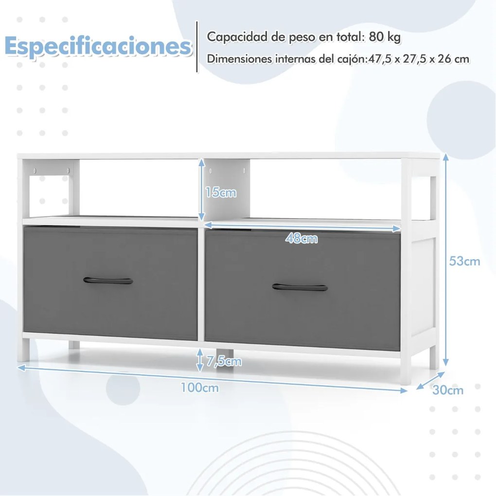 Armario com 2 gavetas Armário para TV até 45" com 2 Estantes abertas e Recipientes para Panos para Quarto Sala de Estar Quarto Branco