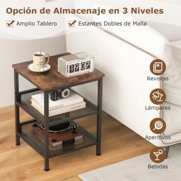 Mesa de apoio, mesa de cabeçeira de 3 níveis quadrada com duas estantes de rede para sala de estar Quarto 40 x 40 x 54 cm Castanho