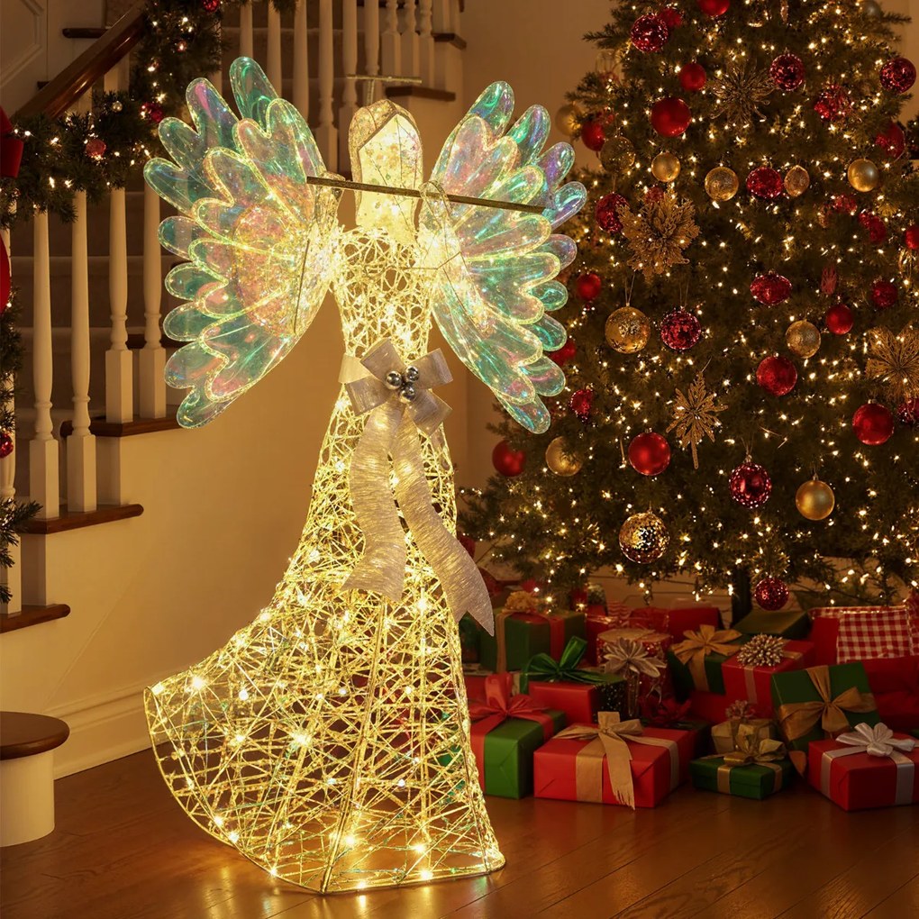 Anjo de Natal LED 158 cm com auréola e flauta pré-iluminado com 250 luzes para interior e exterior com laços branco quente