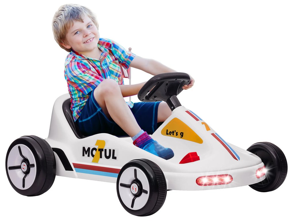 Kart Elétrico 6V  para Crianças acima de 3 Anos com Música Luz Buzina Cinto de Segurança Carga 50 kg  85x70x45 cm Branco