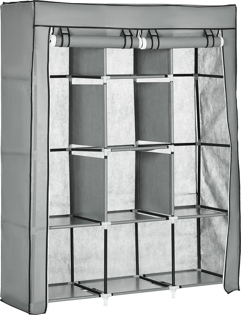 HOMCOM Roupeiro Tecido Dobrável 8 Prateleiras 2 Barras Pendurar Organização Quarto Prático Funcional 125x43x1625cm Cinza Claro | Aosom Portugal