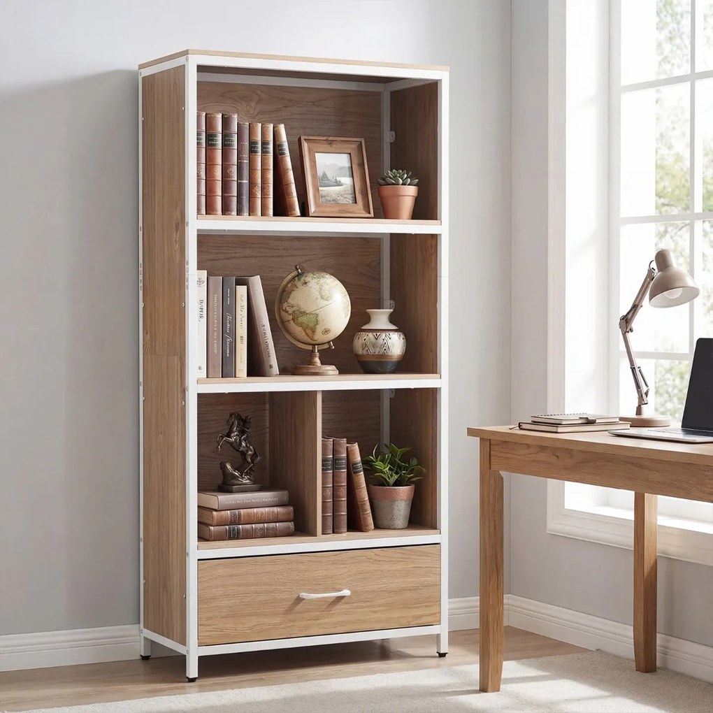 Estante de 4 níveis 68 x 30,5 x 151,5 cm com 4 compartimentos abertos e gaveta dobrável em tecido; Estrutura metálica para quarto ou escritório, em to