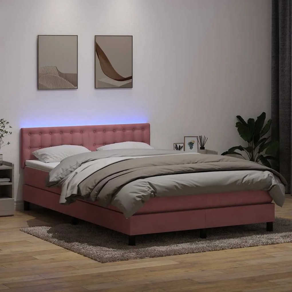 vidaXL Cama box spring c/ colchão e LED 160x220 cm veludo rosa