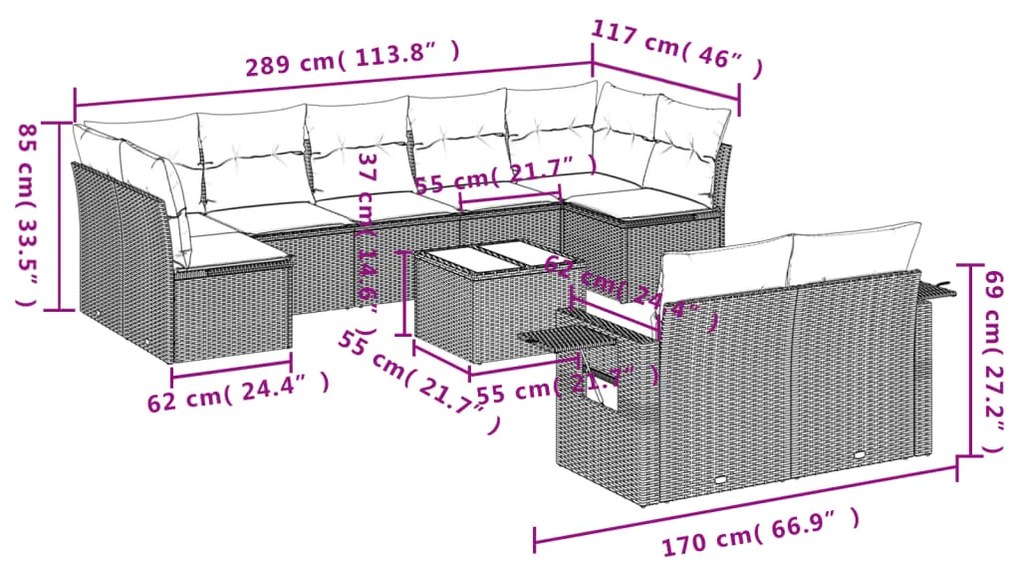 10 pcs conj. sofás jardim com almofadões vime PE cinzento-claro