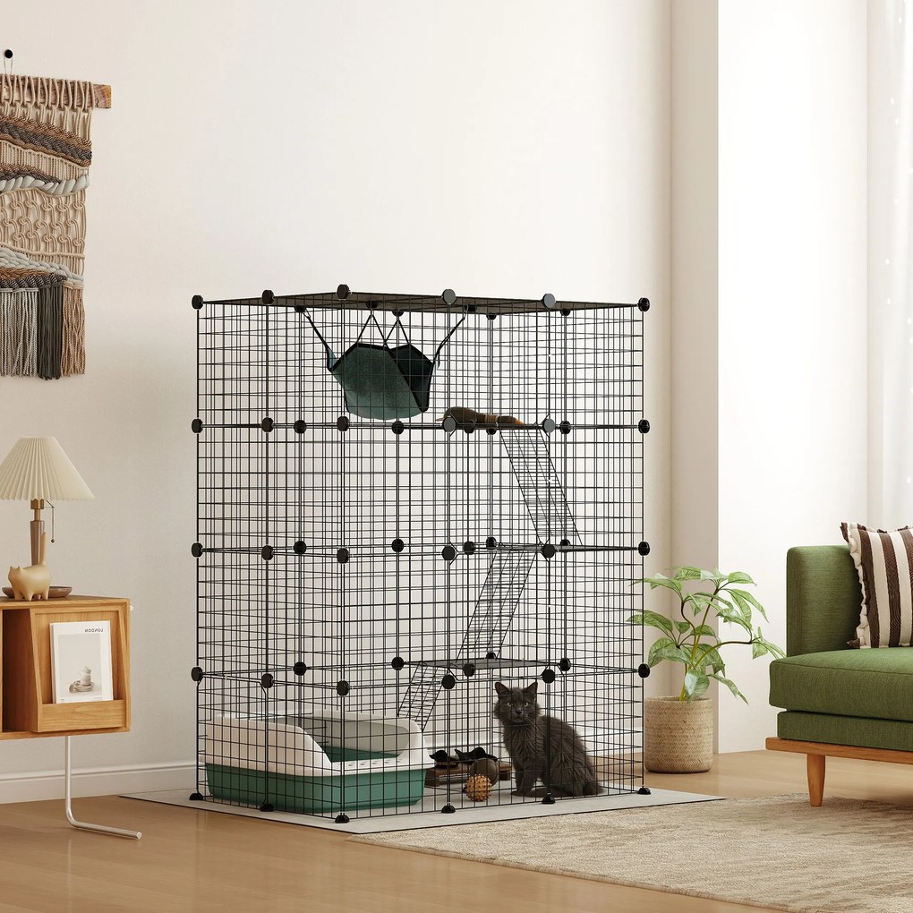 Gaiola Interior para Gatos, 105 x 70 x 140 cm, 4 Níveis Modulares, Preto
