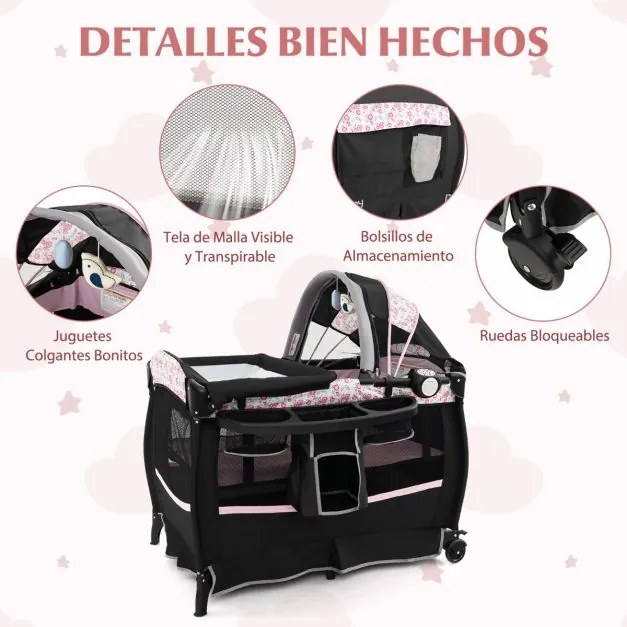 Berço portátil 4 em 1 para bebés com colchão 102 x 73 x 80 cm, mesa para mudar de fraldas, música, Toldo, prateleira, estante, parque dobrável, cor 3