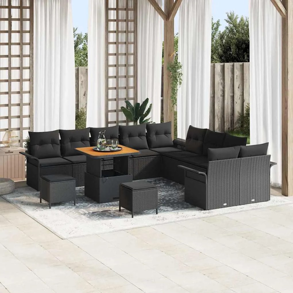 vidaXL Conjunto de Sofá de Jardim de 13 Peças com Almofadas Pretas em Rattan Sintético Acácia