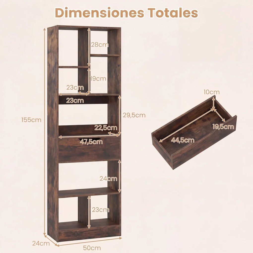 Estante Livreira Industrial, 50 x 24 x 155 cm, 8 Compartimentos e Gaveta, Castanho