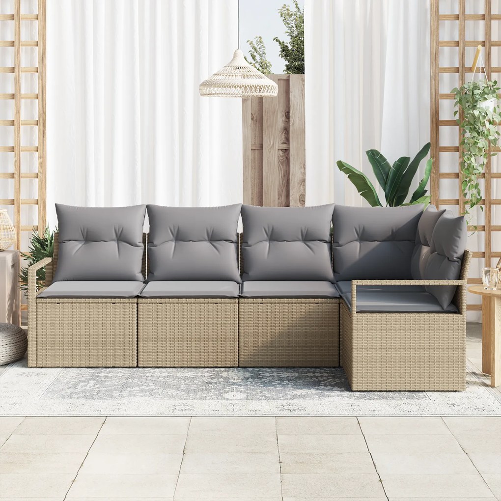 Conjunto de Sofá de Jardim vidaXL de 5 Peças com Almofadas Bege Rattan