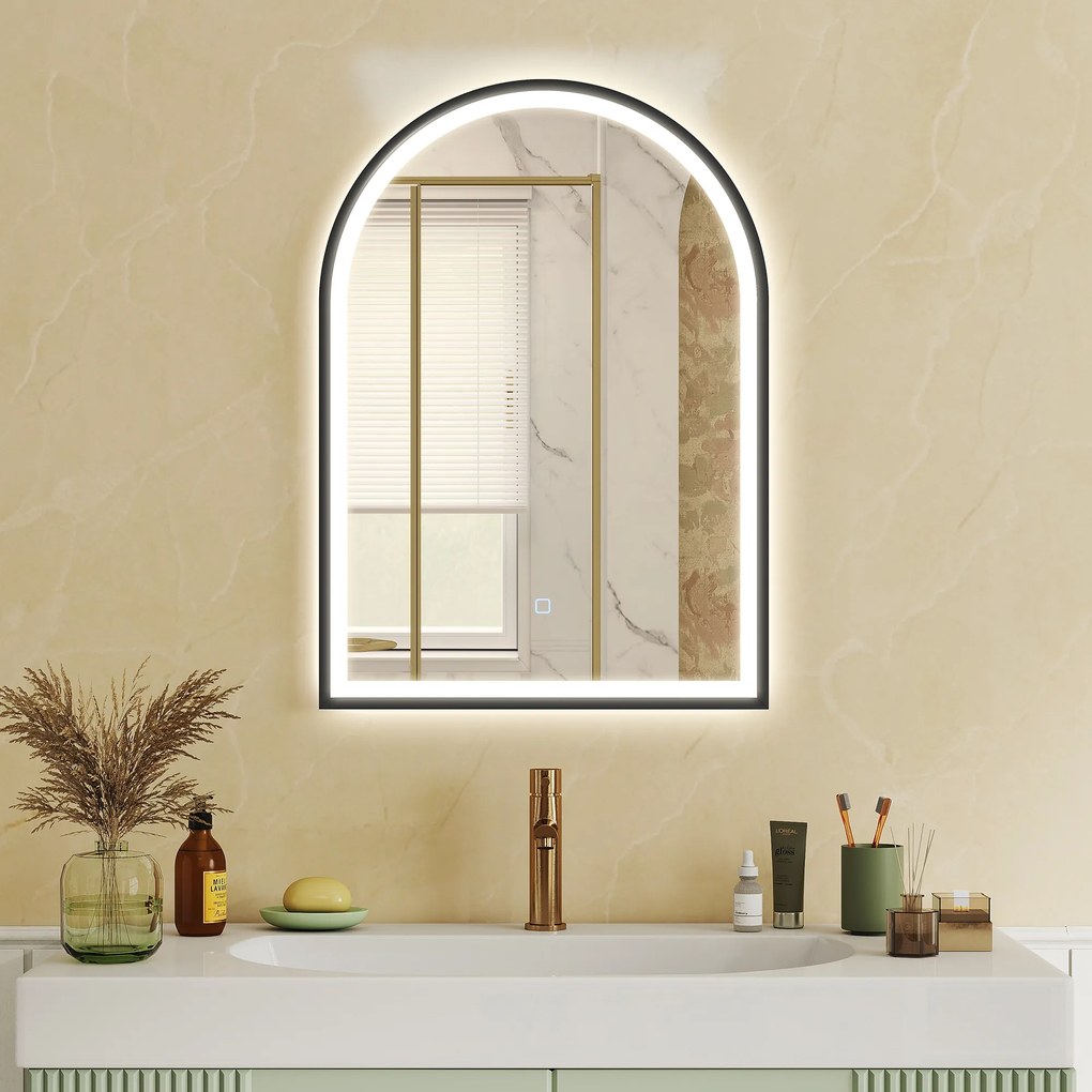 Espelho de casa de banho com iluminação, 50 x 70 cm, espelho LED arqueado, antiembaciamento, 3 cores de luz, intensidade regulável, memória, preto