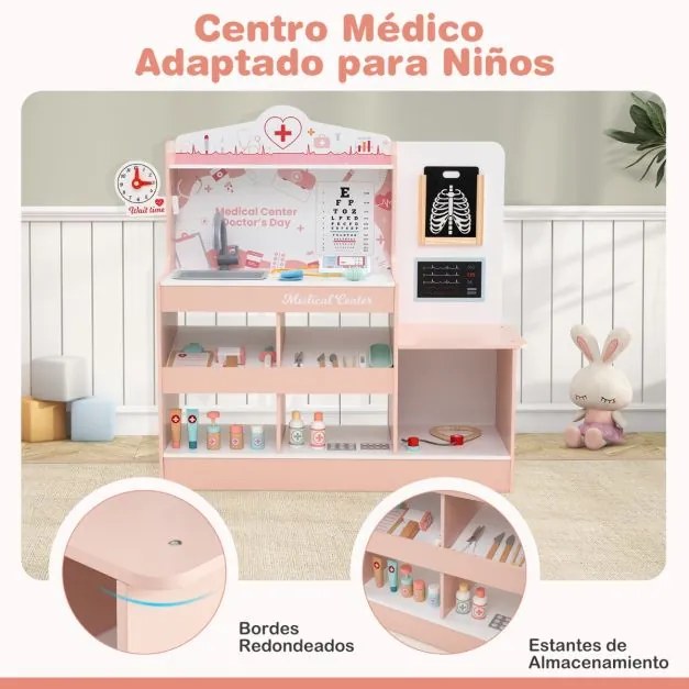 Hospital de brincar infantil com 24 acessórios Relógio Torneira Lavatório Monitor ECG para crianças a partir dos 3 anos 97 x 30,5 x 88 cm Rosa