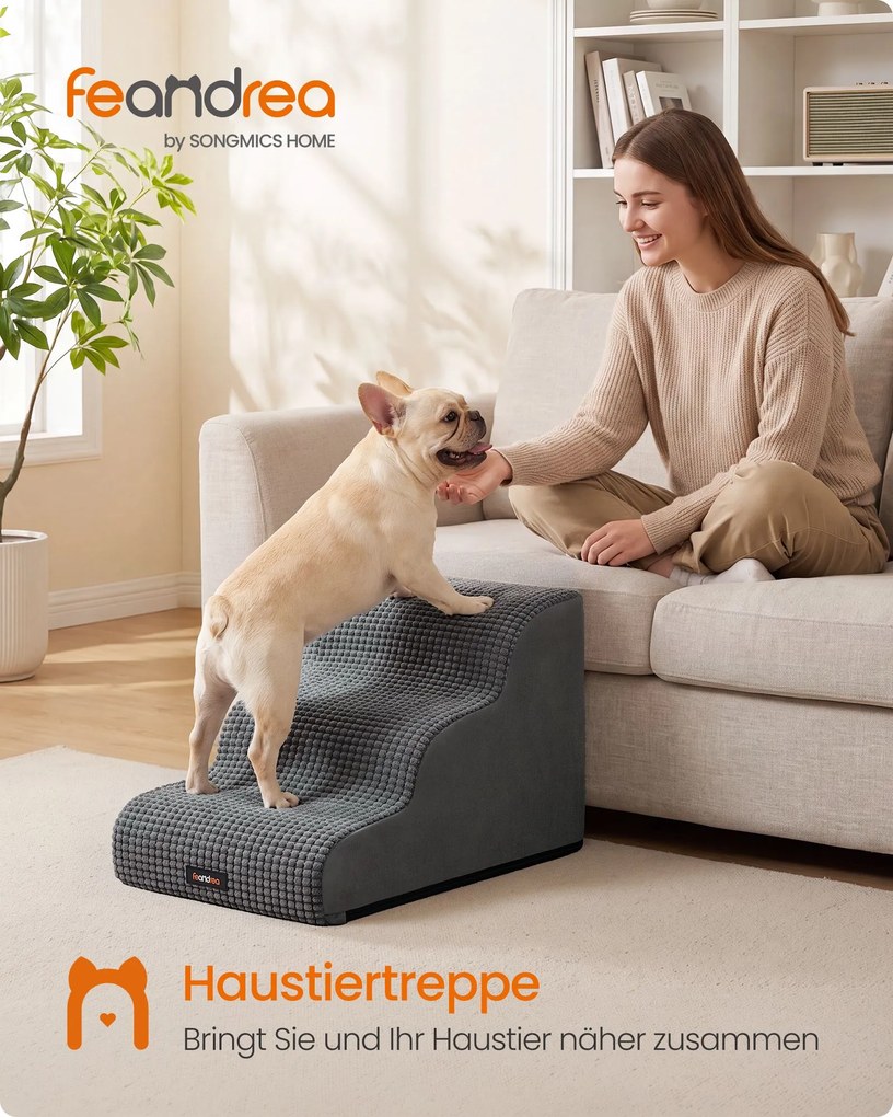 Escada animais estimação 57 x 40 x 40 cm em espuma resistente à água e antiderrapante com três degraus, cinzento ardósia