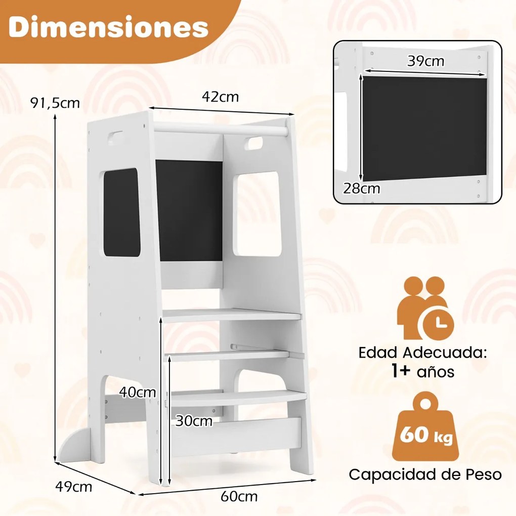 Banco de cozinha para crianças Torre de pé com quadro de actividades, altura ajustável e grade de segurança em madeira Branco