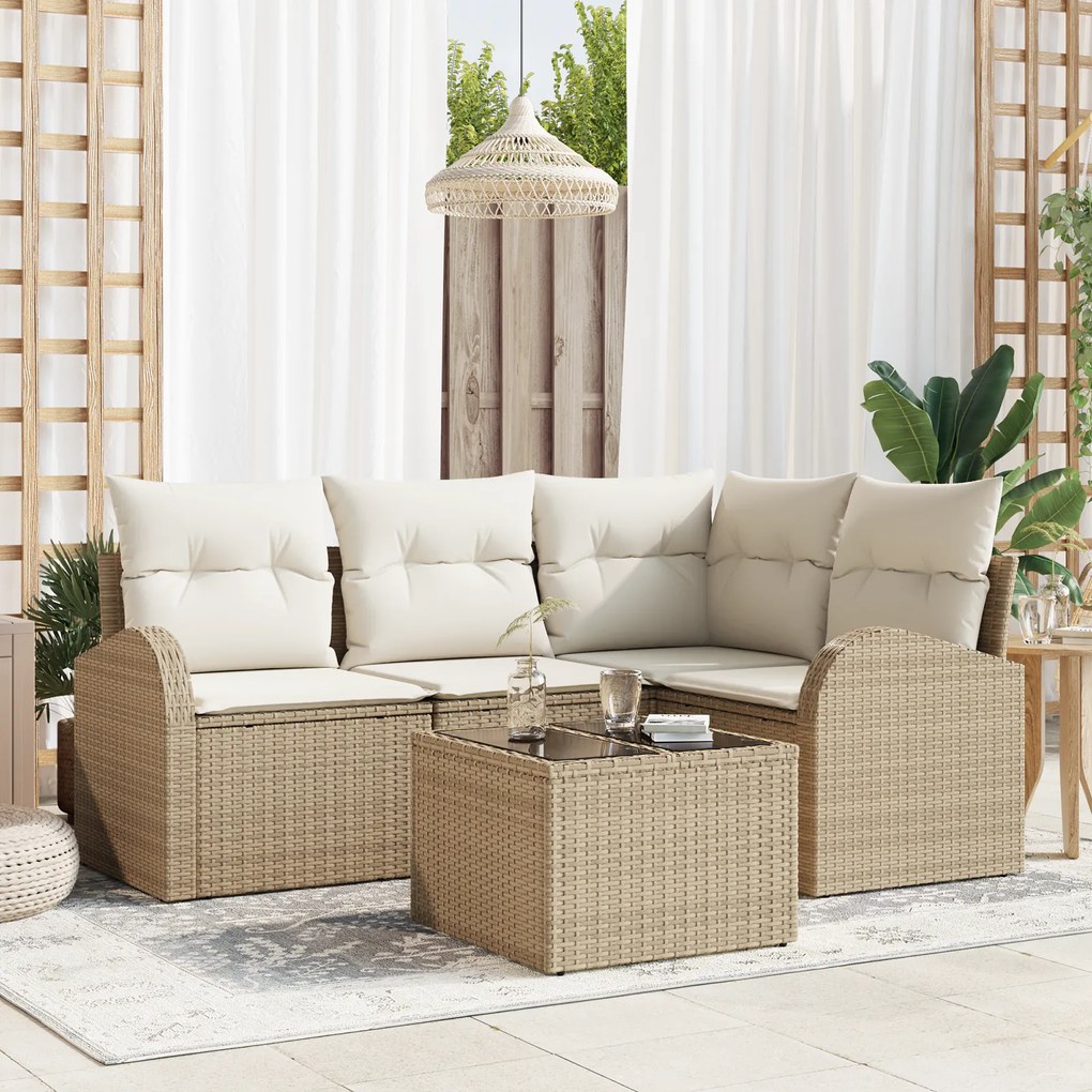 vidaXL Conjunto de Sofá de Jardim 5 Peças com Almofadas Castanhas Vime Polipropileno