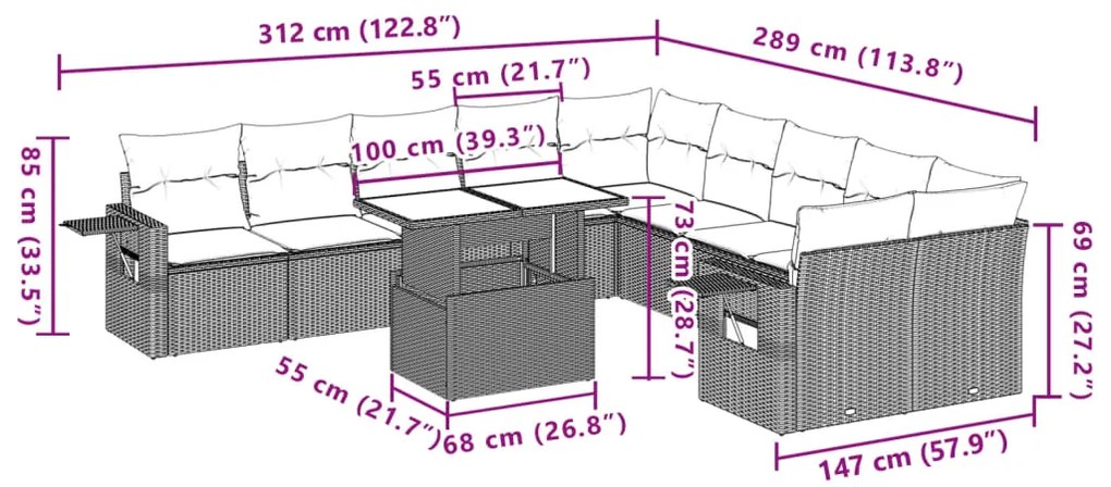 11 pcs conjunto sofás de jardim c/ almofadões vime PE castanho