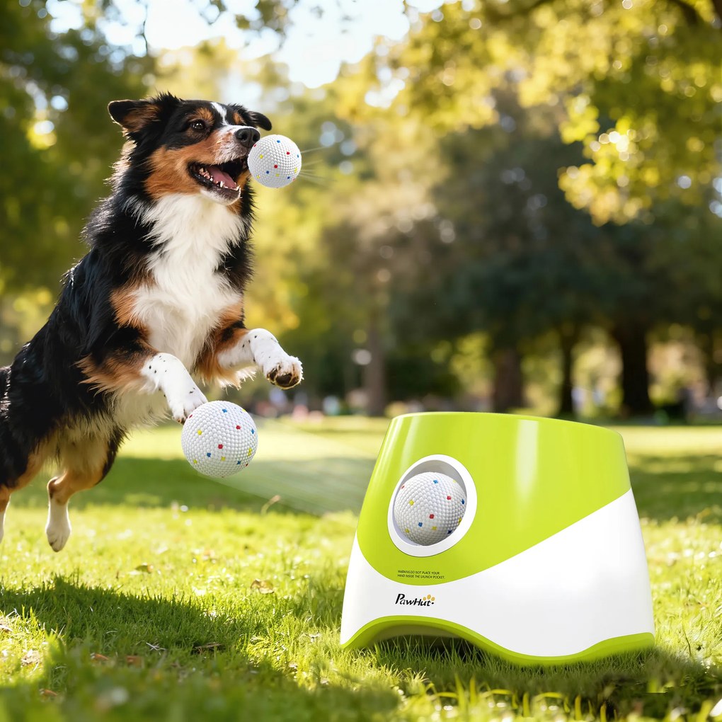 Lançador automático de bolas para animais de estimação com 3 bolas em ETPU, 3 configurações de distância (6 m/10 m/14 m), para uso no interior e no ex