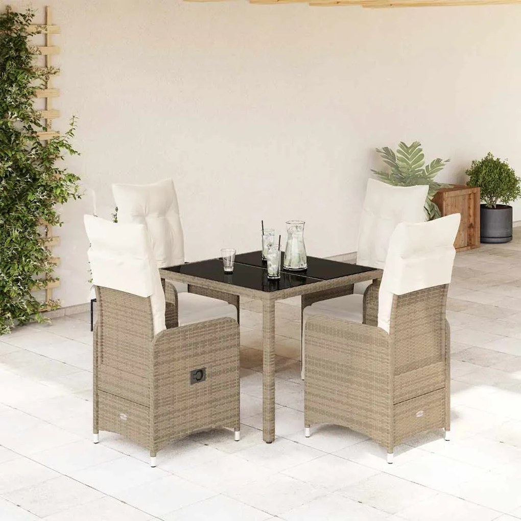 vidaXL 5 pcs conjunto bistrô p/ jardim c/ almofadões vime PE castanho