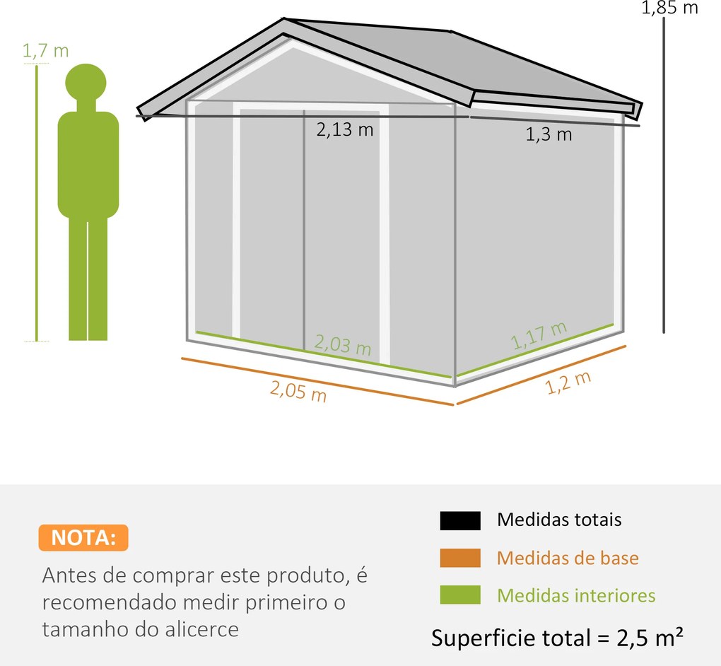 Abrigo de Jardim 213x130x185cm Abrigo de Jardim Metálico de Exterior com 2 Portas Deslizantes e 4 Janelas Verde Claro