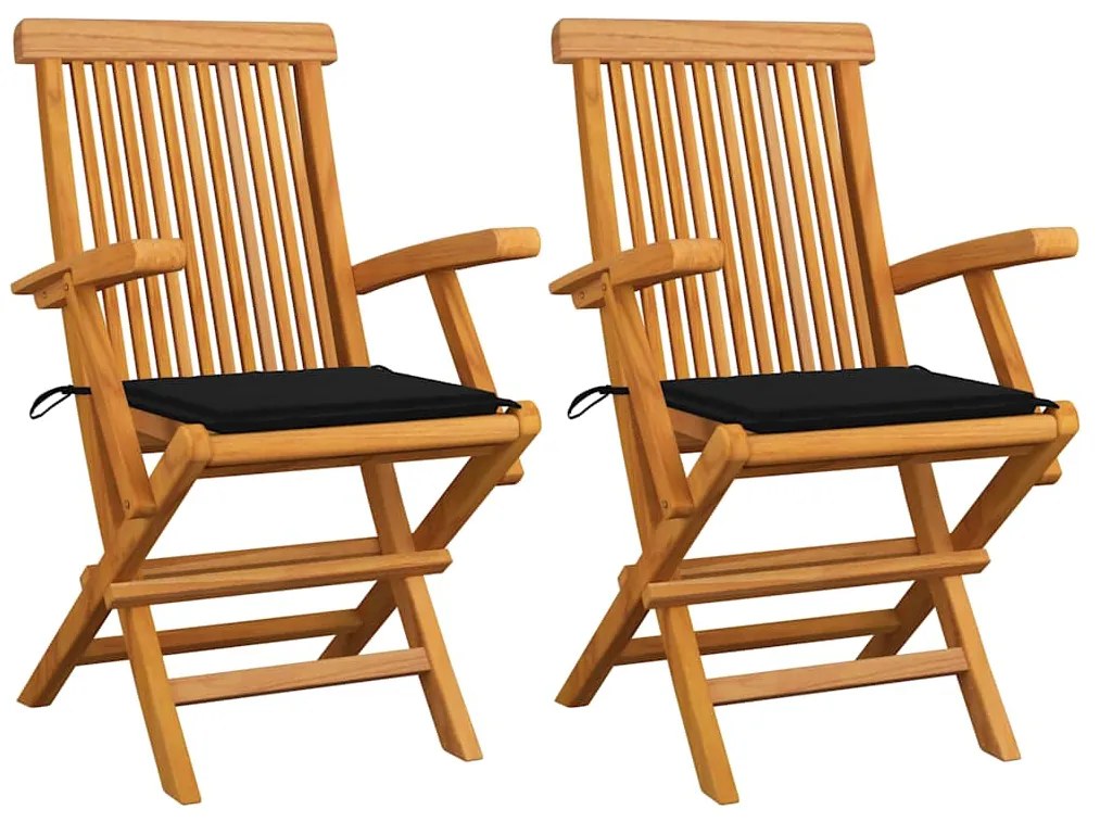 vidaXL Cadeiras de jardim c/ almofadões pretos 2 pcs teca maciça