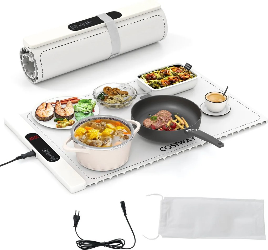 Bandeja elétrica aquecedora 60 x 38 x 2 cm com temperatura ajustável em 6 níveis de silicone com temporizador de 1 a 5 horas Branca