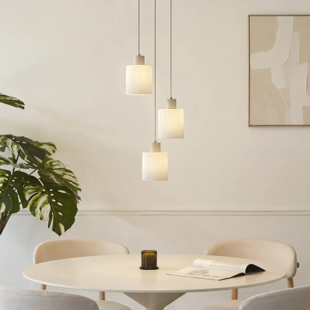Candeeiro suspenso escandinavo bege com vidro branco redondo 3 luzes - Wisp