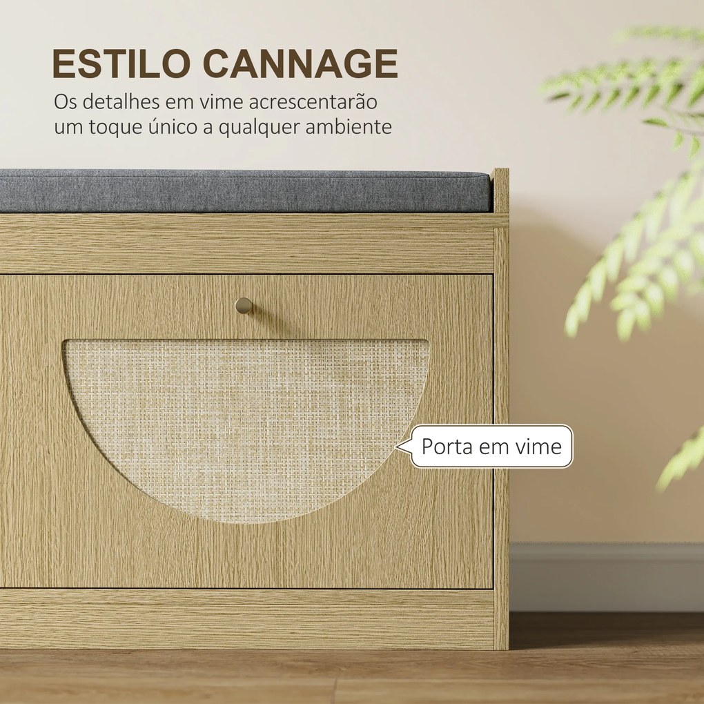 HOMCOM Banco Sapateira com Assento Acolchoado Portas em Vime Prateleira Ajustável para 8 Pares de Sapatos 104,5x24x48 cm Madeira