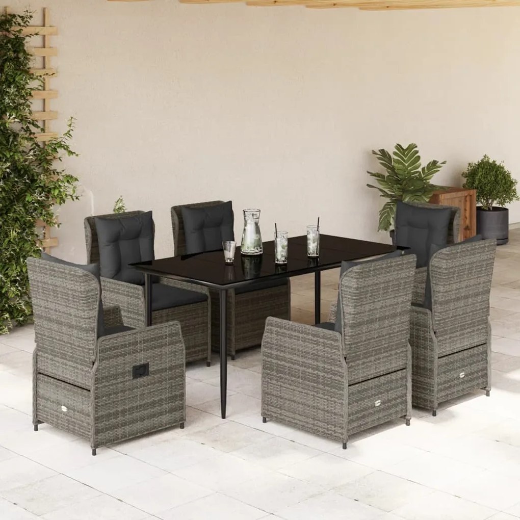 vidaXL 7 pcs conjunto de jantar p/ jardim c/ almofadões vime PE cinza