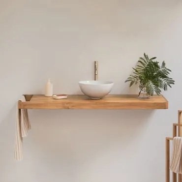 Conjunto De Móvel De Casa De Banho 130x45 Cm Suspenso Em Madeira De Teca Neill Madeira De Teca & Cerâmica Branca Redonda Ø30 Cm Calgari - Sklum