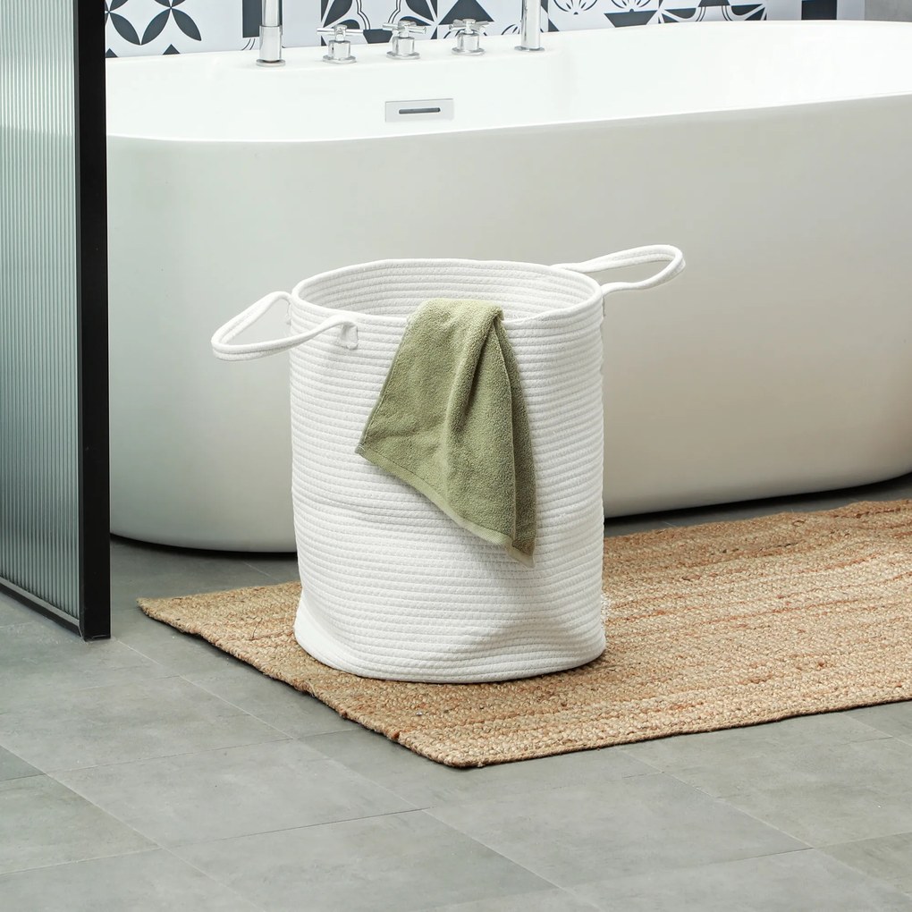 Cesto de roupa suja de 36 L, cesto de roupa suja em algodão com alças dobráveis, 38 x 45 cm, branco creme