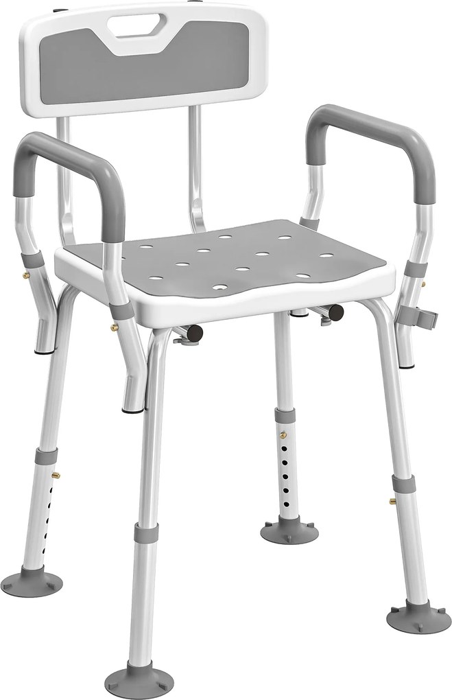 HOMCOM Banqueta de duche cadeira de duche ergonômica altura ajustável pés antiderrapantes 56,5 x 53,5 x 87 cm branco e cinza | Aosom Portugal