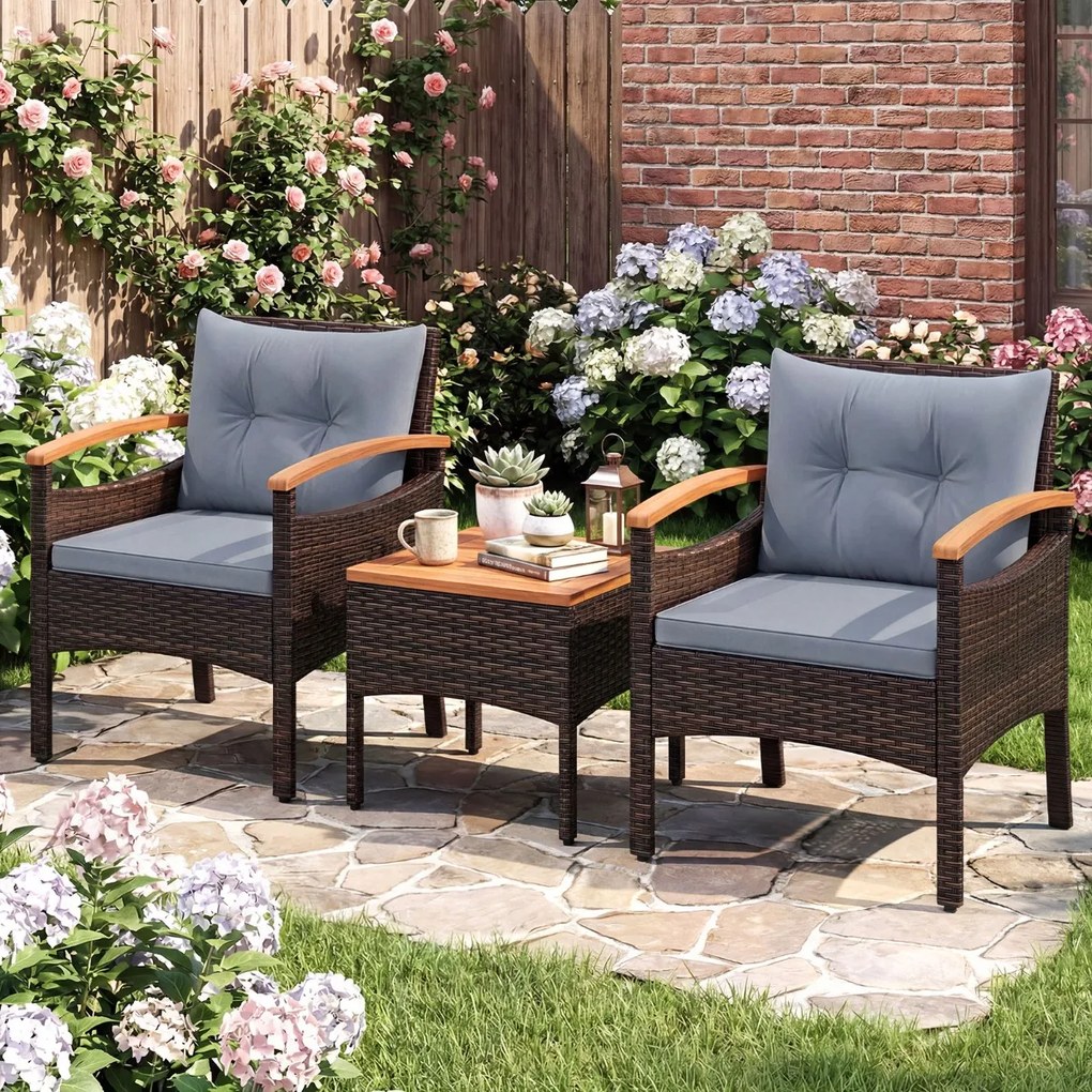 Conjunto de 3 peças para jardim em vime e rattan, com cadeiras com braços, mesa auxiliar em madeira de acácia e almofadas em castanho misturado e cinz