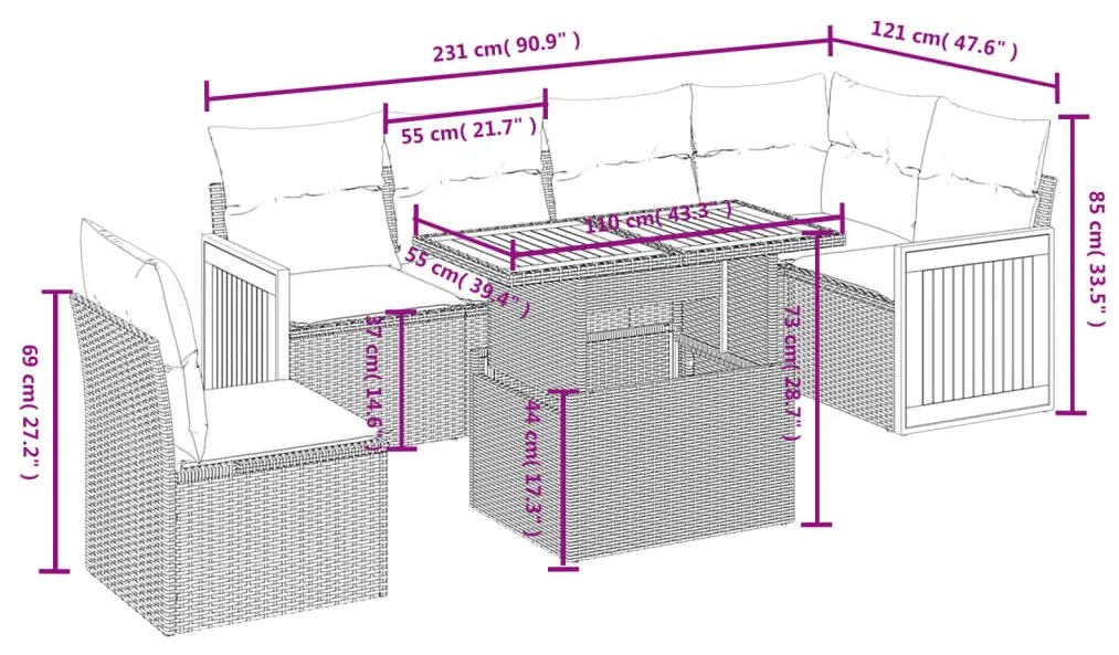 7 pcs conjunto de sofás p/ jardim c/ almofadões vime PE preto