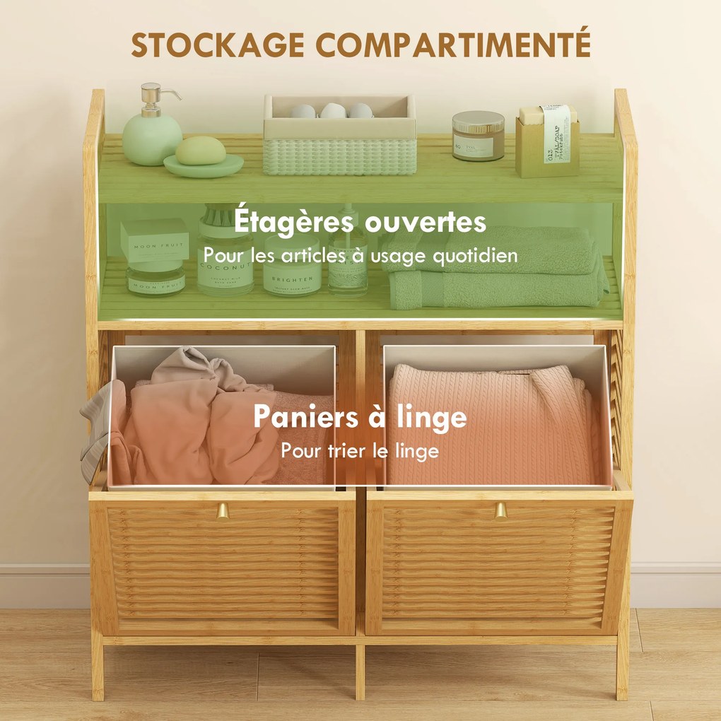 Móvel de casa de banho em bambu, armário de casa de banho com 2 cestos para roupa suja e 2 prateleiras, 82 x 33 x 88 cm, madeira natural