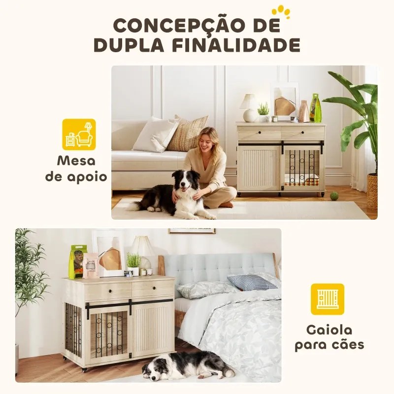 Gaiola para Cães Médios e Grandes Mesa de Apoio Moderna com 2 Gavetas 2 Portas e Fecho 100x56x81 cm Carvalho