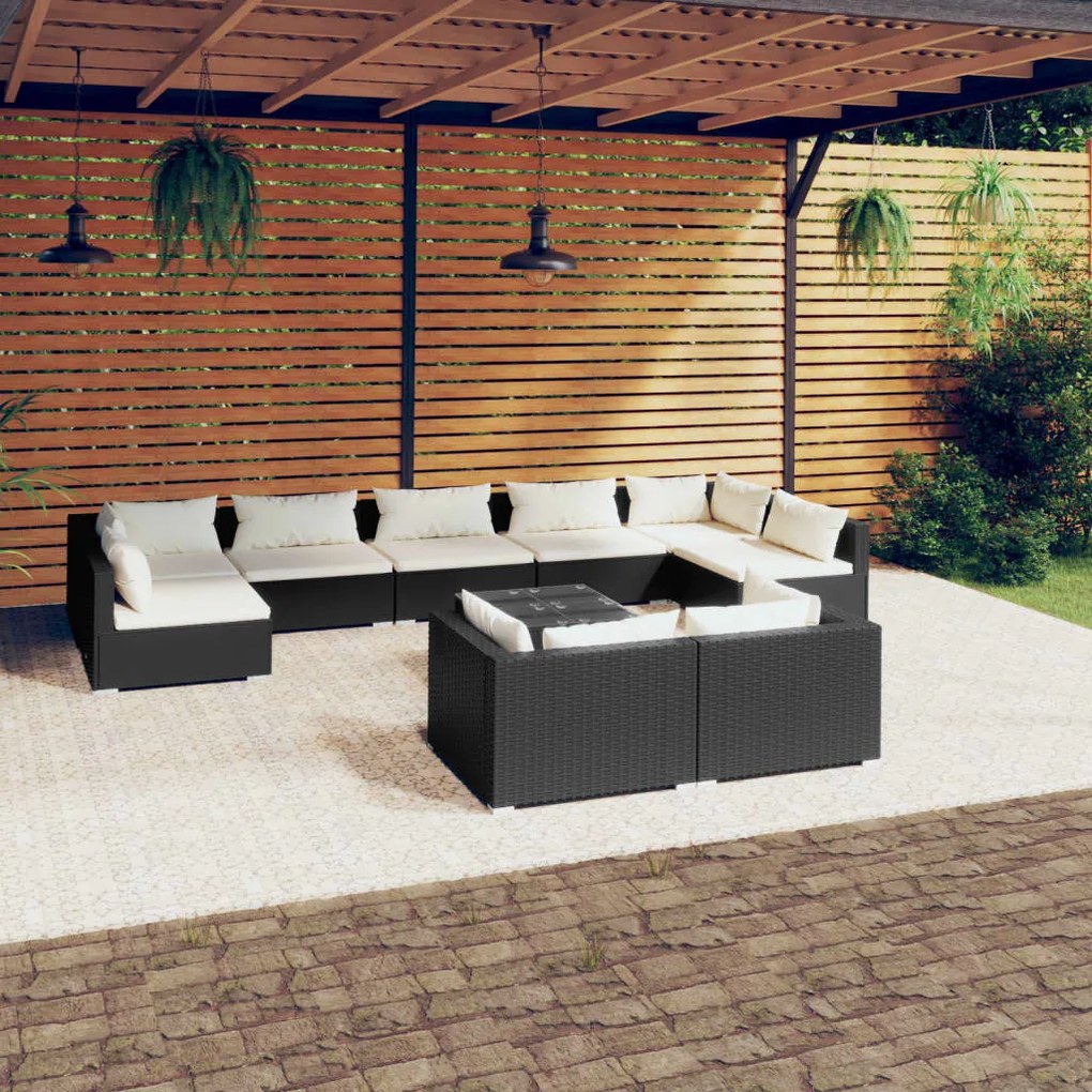 vidaXL 10 pcs conjunto lounge de jardim c/ almofadões vime PE preto