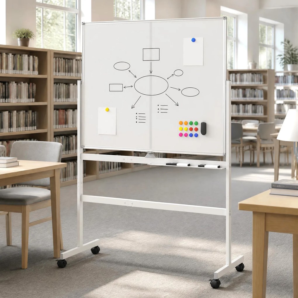 Quadro Branco Móvel, 126 x 54 x 180,5 cm, Dupla Face com Rotação de 360°, Branco