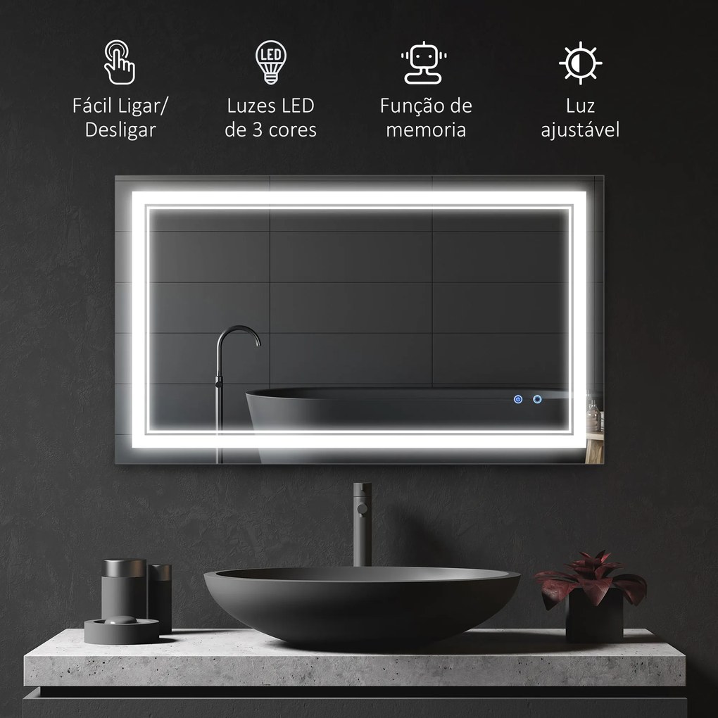 Espelho Casa de Banho com Luz LED 100x60cm Espelho de Parede com Interruptor Tátil 3 Luzes Ajustáveis Função de Memória e Estrutura de Alumínio Espelh