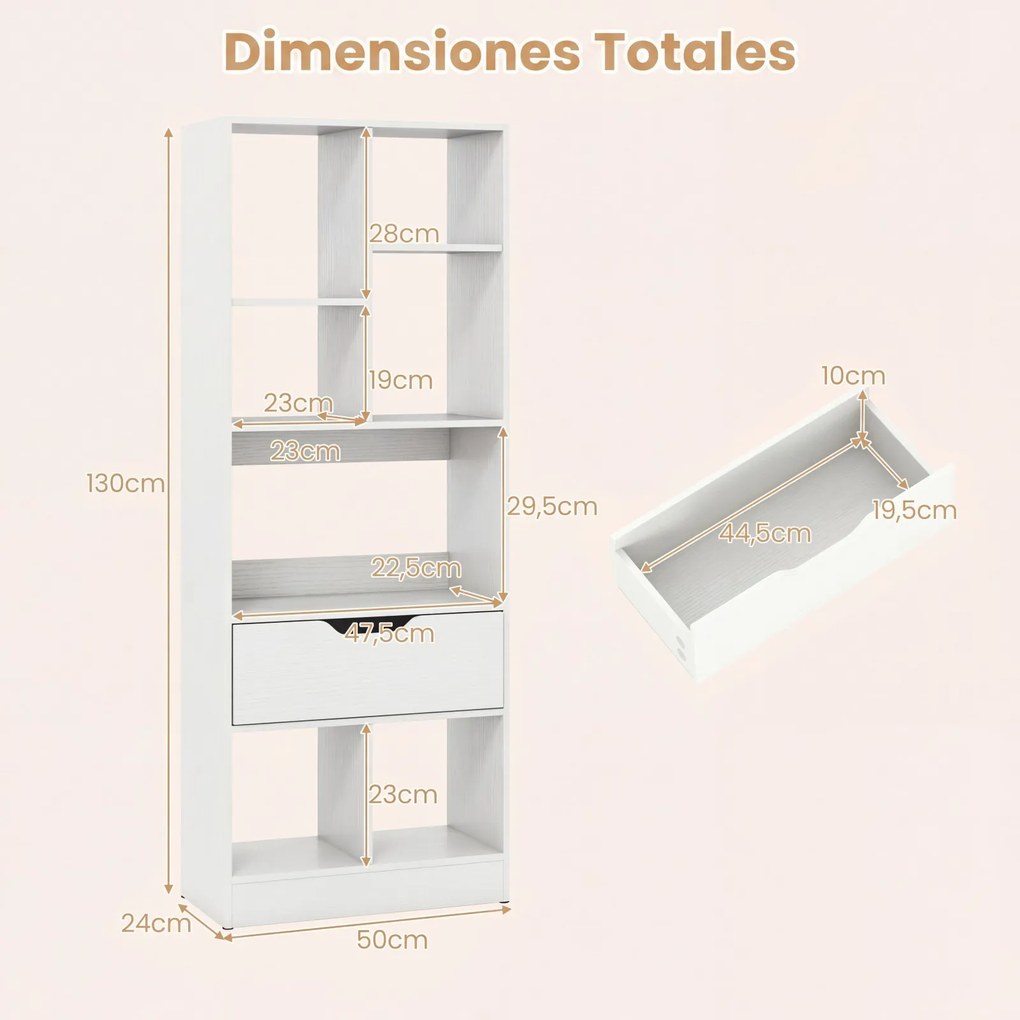 Estante Livreira com Gaveta, 50 x 24 x 130 cm, 7 Compartimentos, Branco