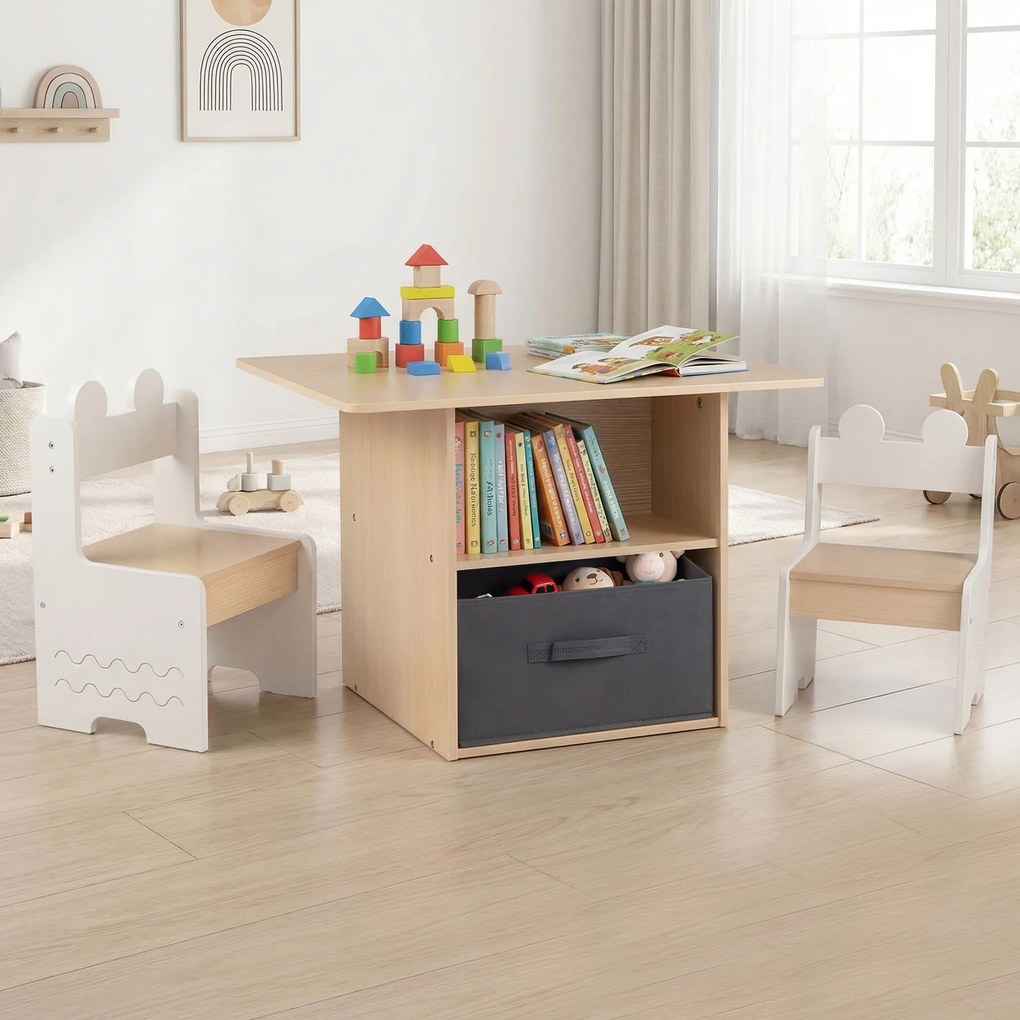 Conjunto de mesa e 2 cadeiras infantis; mesa de atividades com gavetas; tecido; dobrável; compartimentos de arrumação; para crianças a partir dos 3 an