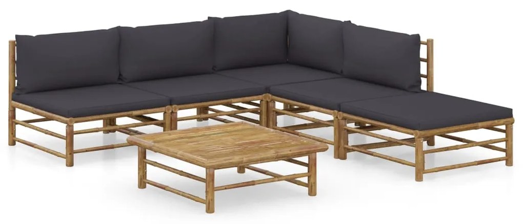 vidaXL 6 pcs conj. lounge jardim em bambu c/ almofadões cinza-escuro
