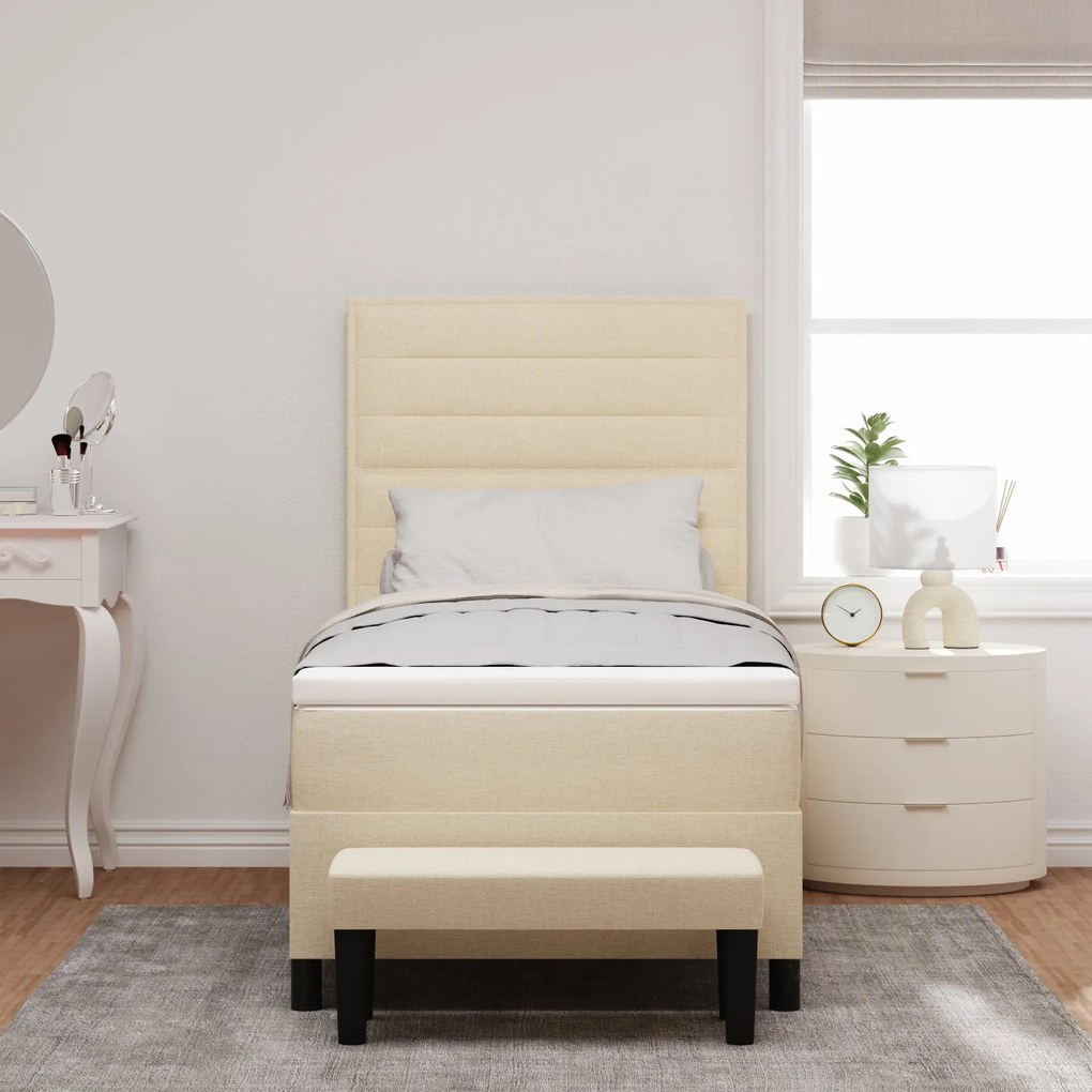 Cama Box Spring com Colchão e Banco Creme 90x190 cm Tecido