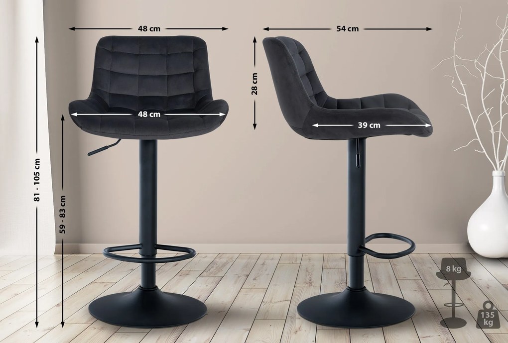 Conjunto de 2 bancos de bar Tover em veludo com estrutura preta 48 x 81-105 x 54 cm Preto