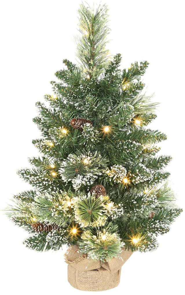 HOMCOM Árvore de Natal com 35 Luzes LED 60 cm Mini Árvore de Natal Artificial com 64 Ramos com Neve Pinha, Bagas e Base de Saco de Juta Decoração de Natal de Mesa para Casa Escritório Verde